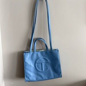 Telfar Medium Shopping Bag Blue Vegan Leather Double Strap Tote NYC